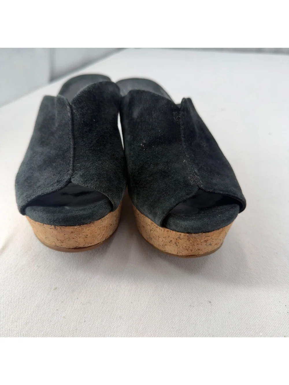 UGG Dominique Leather Slides Sandals 6 Wedge Suede Cork Peep-Toe Platform Black